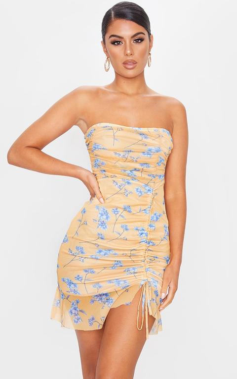 Yellow Ditsy Floral Mesh Ruched Frill Edge Bandeau Bodycon Dress