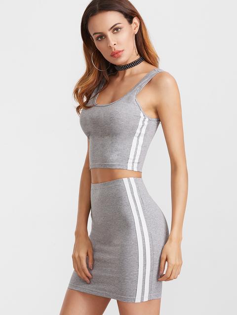 Heather Grey Double Scoop Neck Side Striped Tank Top With Skirt