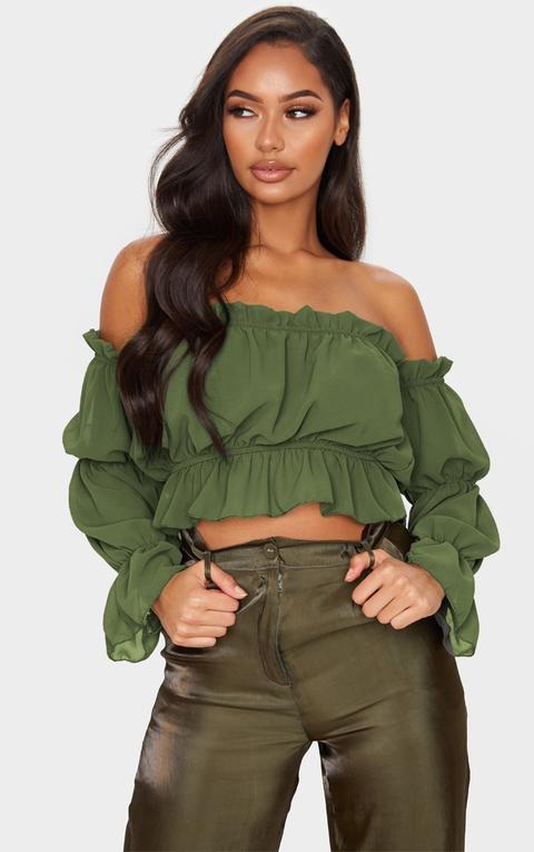 Khaki Woven Ruffle Bardot Flared Sleeve Blouse