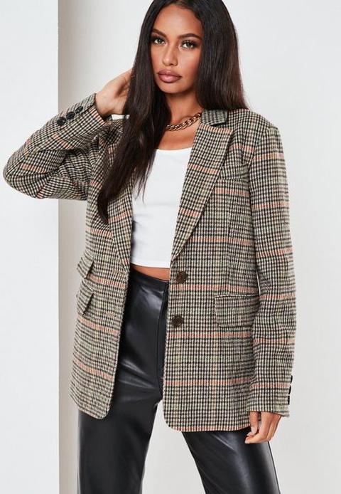 Brown Check Boyfriend Blazer Coat, Brown