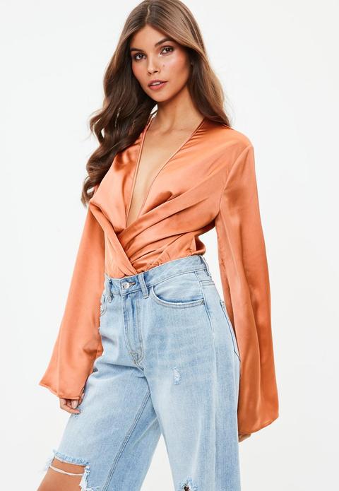 Rust Drape Plunge Flare Sleeve Bodysuit, Brown
