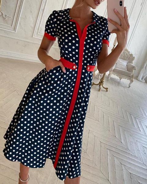 Polka Dot Print Contrast Binding Dress