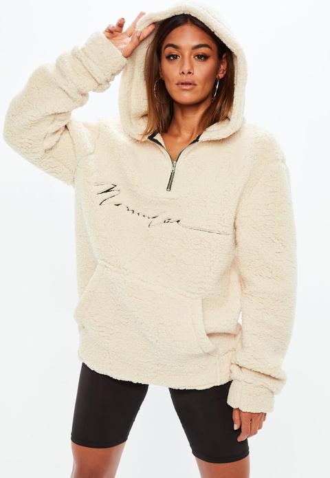 Mennace X Missguided Cream Signature Half Placket Borg Hoodie, Cream