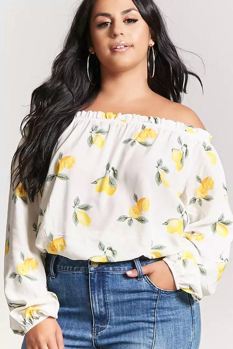 Plus Size Lemon Print Off-the-shoulder Top