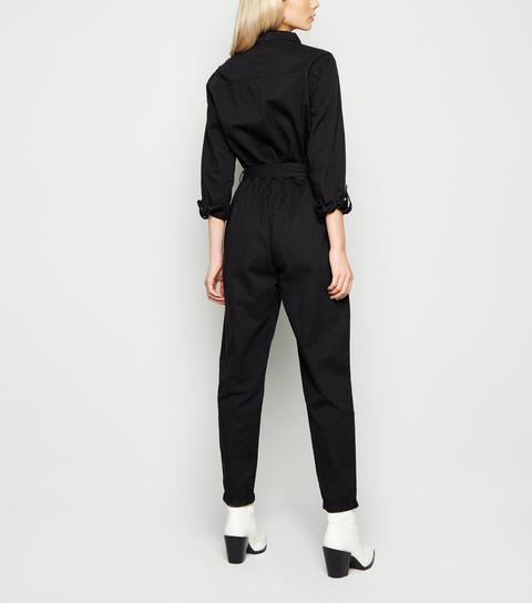 Black Denim Belted Jumpsuit New Look