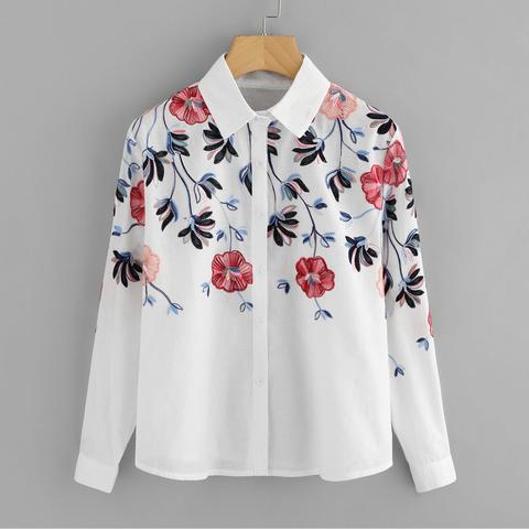 Floral Embroidery Button Front Blouse