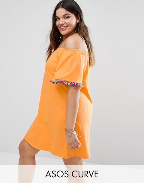 Vestido Veraniego De Vuelo Con Hombros Descubiertos Y Llamativos Pompones De Asos Curve