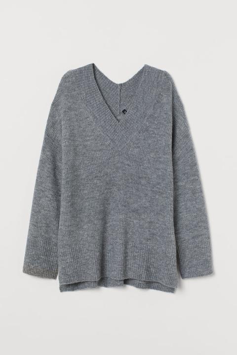 Jersey Escote En V Con Lana - Gris