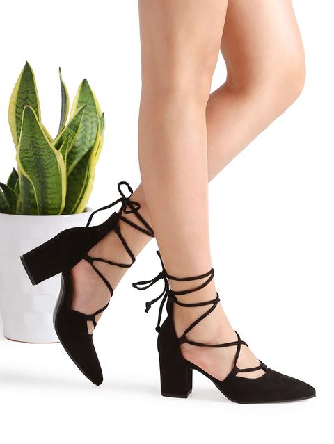 Black Point Toe Lace Up Heeled Shoes