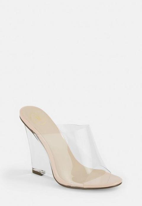 Nude Clear Wedge Peep Toe Mules, Nude