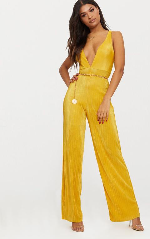 Golden Yellow Plisse Plunge Strappy Jumpsuit