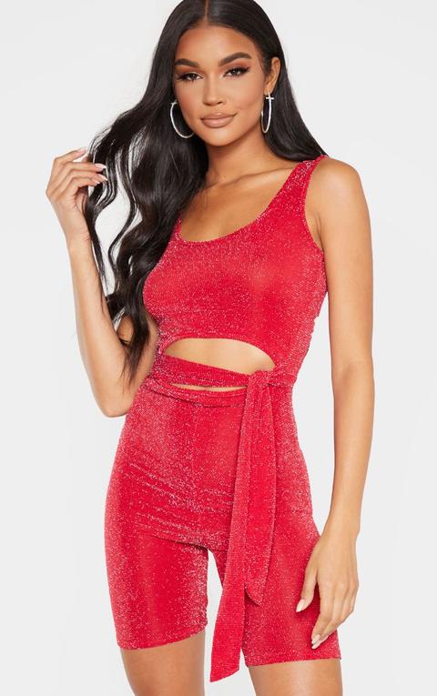 Red Textured Glitter Cut Out Tie Waist Unitard