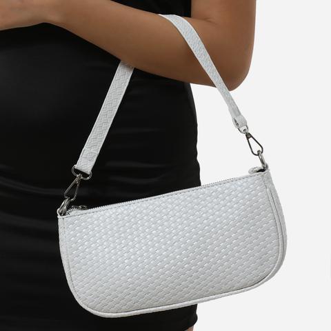 Woven Baguette Shoulder Bag In White Faux Leather,, White