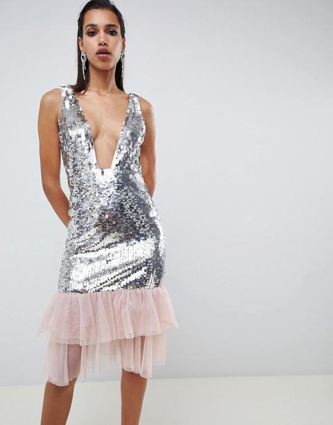 Vestido Midi Escotado Con Bajo Escalonado De Tul Y Adorno De Lentejuelas De Asos Design