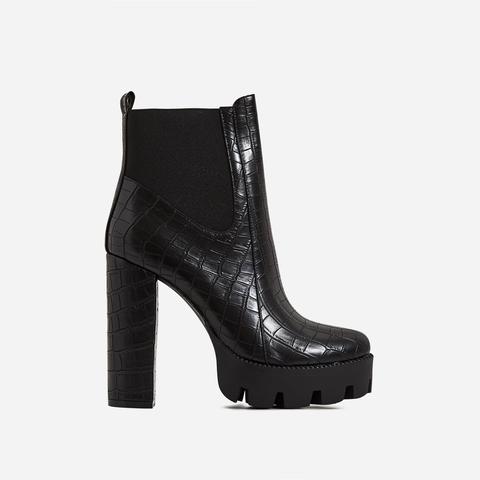 Atlas Platform Biker Boot In Black Croc Print Faux Leather, Black