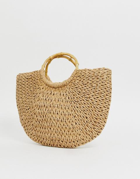 Bolso De Paja Con Asa De Bambú En Color Natural De Lipsy-tostado