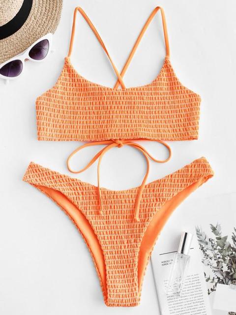 Bikini Fruncido De Neón Con Crisscross Orange Tea Green