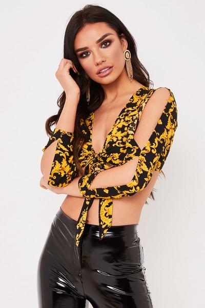 Sarah Black & Yellow Patterned Tie Crop Top