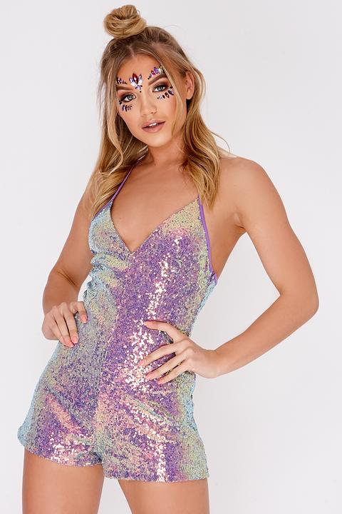 Purple Playsuits - Deonie Purple Iridescent Sequin Plunge Playsuit