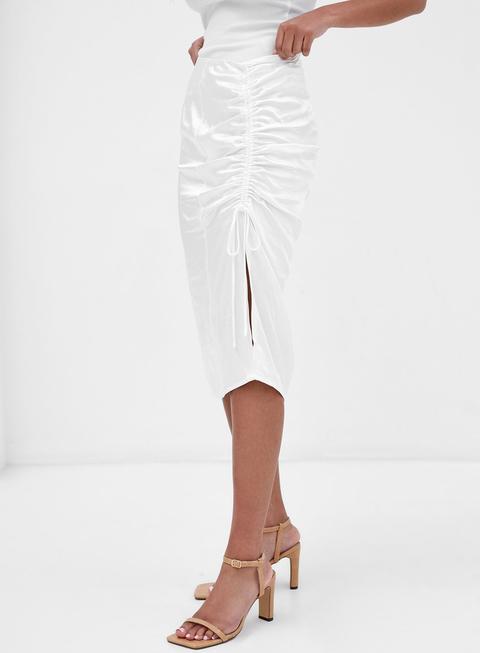 Lottie Ruched Midi Skirt White Satin