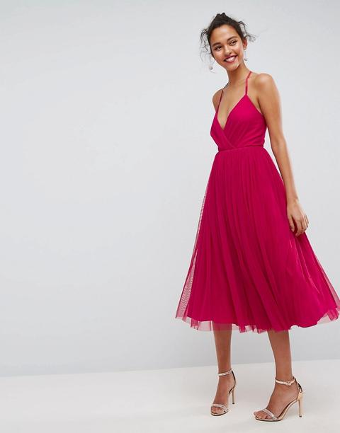 Asos - Vestito Midi Con Tulle E Scollo Profondo - Multicolore