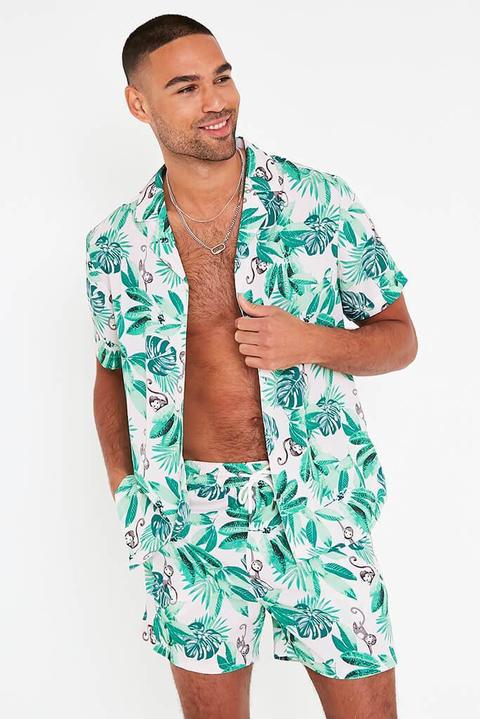 Green Men's Tropical Print Button Down Short Sleeve Shirt