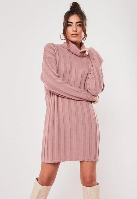 Blush Extreme Rib Oversized Roll Neck Mini Dress, Pink