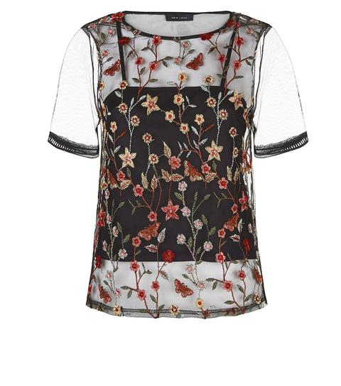 Black Floral Embroidered Mesh Ladder Sleeve T-shirt