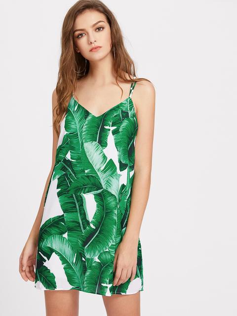 Palm Leaf Print Strappy Back Slip Dress