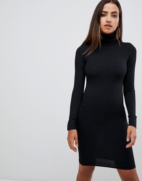 Prettylittlething - Vestito Dolcevita Basic Nero A Coste Con Maniche Lunghe - Nero