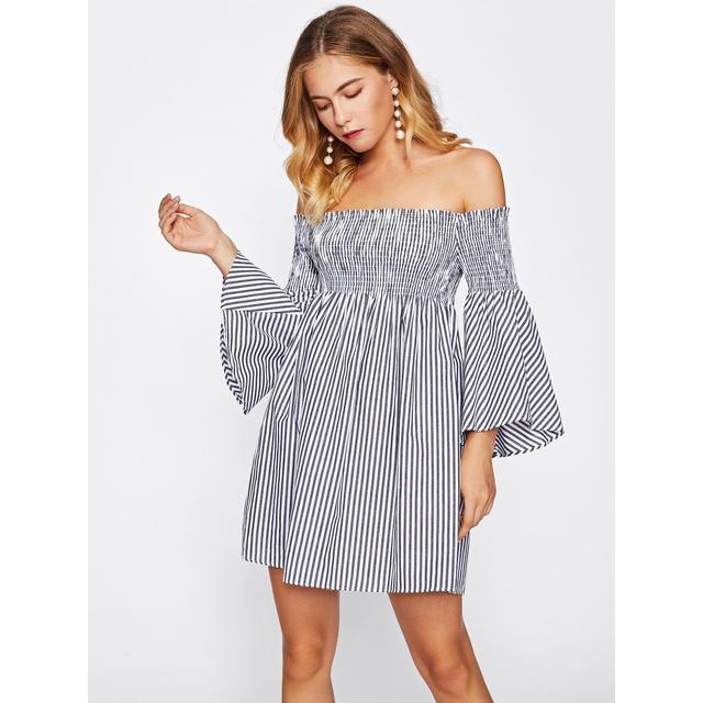 off shoulder shirred dress