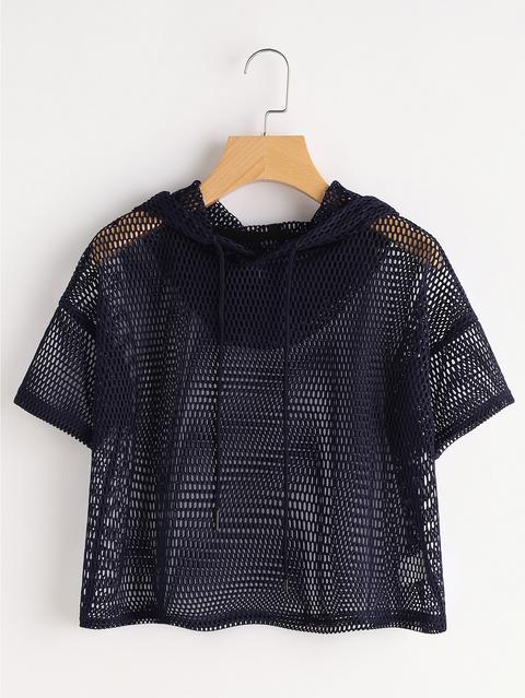 Drop Shoulder Crop Fishnet Hooded Top