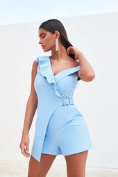 Circle Buckle Ruffle Wrap Playsuit In Cornflower Blue