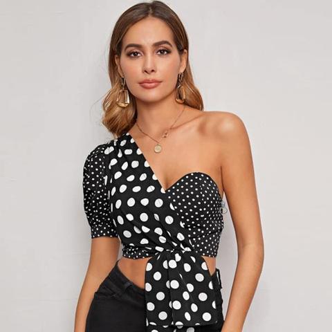 One Shoulder Draped Detail Polka Dot Crop Wrap Top