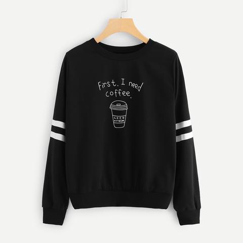 Gestreifete Sweatshirt Kaffeetasse Buchstaben Druck - Schwarz