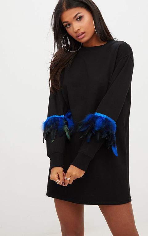Black Loop Back Feather Sleeve Sweater Dress