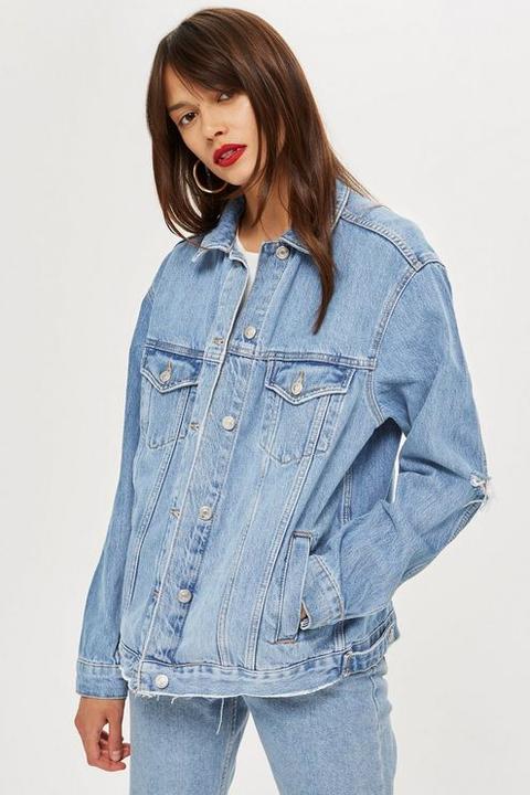 Womens Elbow Rip Denim Jacket - Mid Stone, Mid Stone