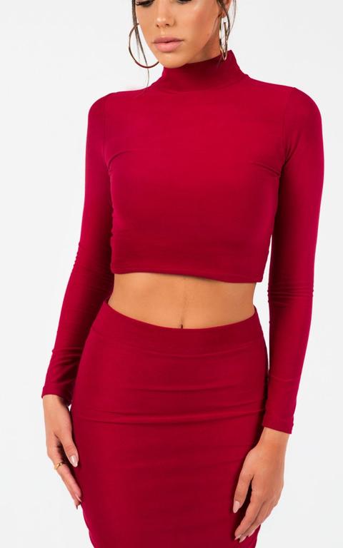 High Neck Long Sleeve Crop Top & Bodycon Midi Skirt Co-ords Set