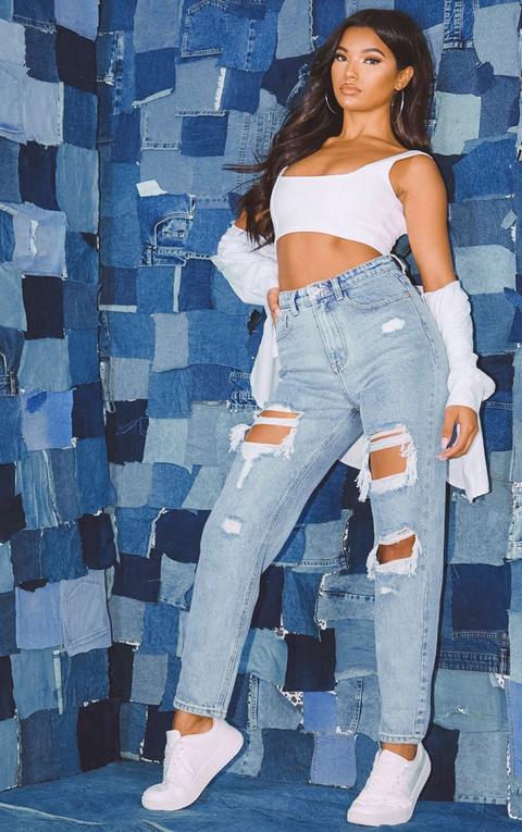 Prettylittlething Light Wash Distressed Mom Jean
