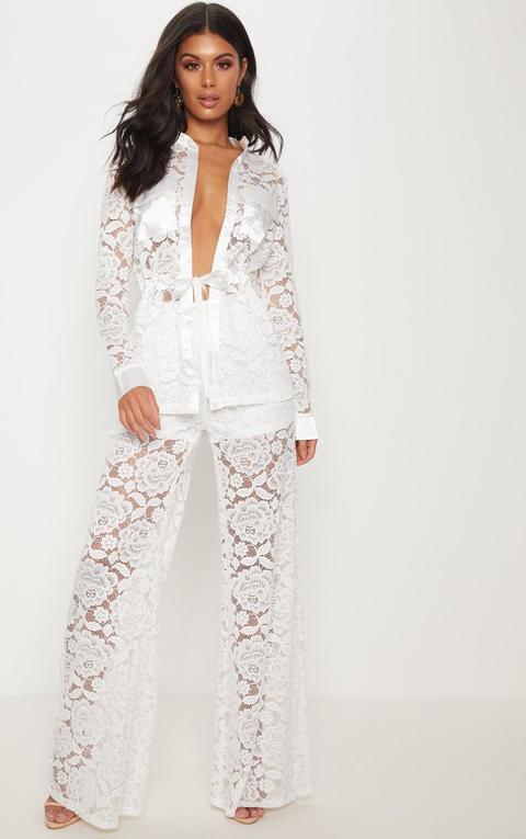 White Lace Button Detail Wide Leg Trousers