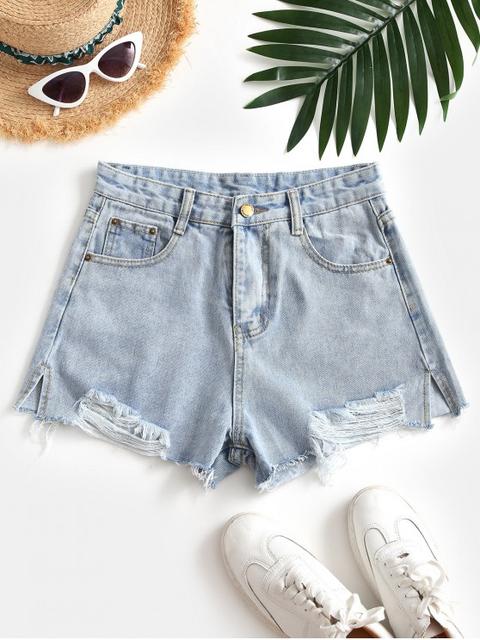 Shorts De Denim Escotado Con Encaje Light Blue