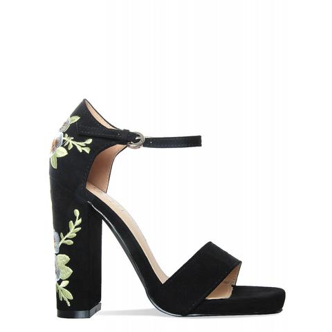 Kara Black Suede Floral Block Heels