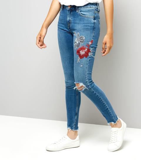 Blue Floral Embroidered Skinny Jenna Jeans