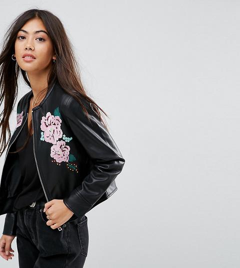 Asos Petite Leather Look Jacket With Embroidery Detail - Black