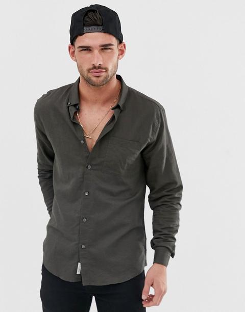 River Island - Camicia In Lino Kaki - Verde