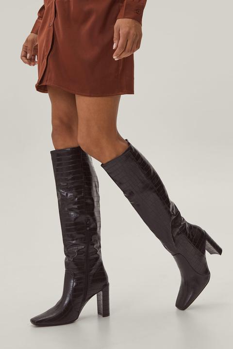 Womens Faux Leather Croc Knee High Heeled Boots