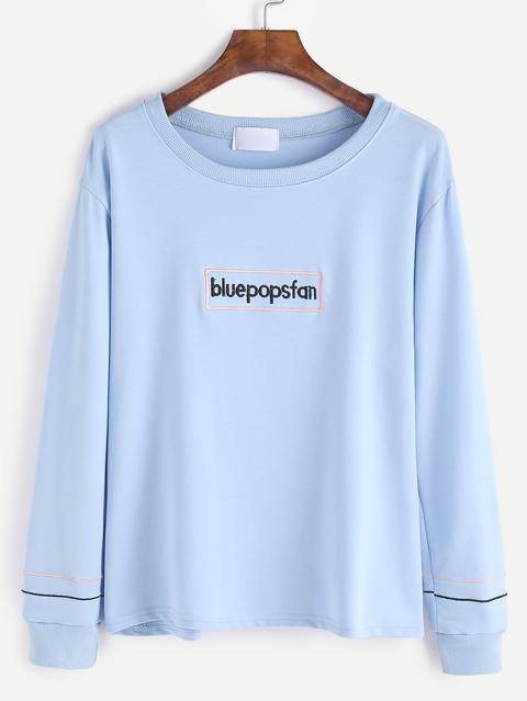 Light Blue Letter Embroidery Sweatshirt