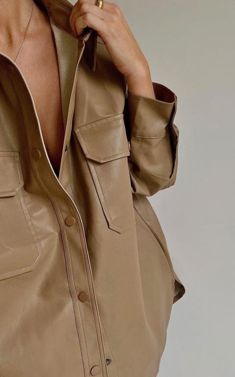 Ruby Faux Leather Shirt Jacket In Taupe