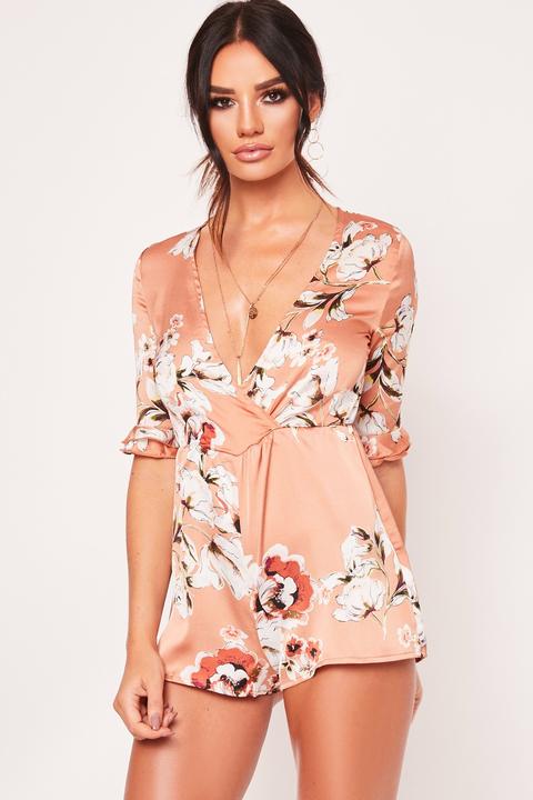 Riley Peach Floral Wrap Front Playsuit