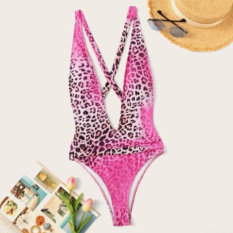 Costume Da Bagno Capestro A Croce Con Stampa Leopardo